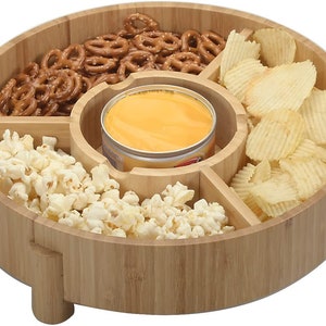 MobileVision Bamboo Serving Platter for Entertaining, Four Compartments & Easy Carrying Design, Chips, Fruits, Vegetables, Dips, Nuts, Bread