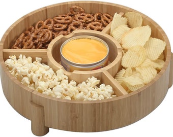 MobileVision Bamboo Serving Platter for Entertaining, Four Compartments & Easy Carrying Design, Chips, Fruits, Vegetables, Dips, Nuts, Bread