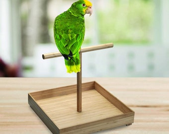 Bamboo Wood Bird Stand for Medium to Large Birds, Tabletop T-Perch with Base (16 in x 16 in)