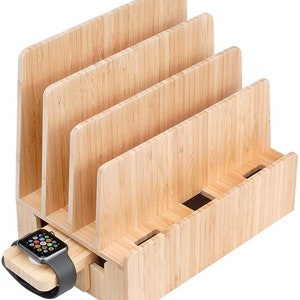 MobileVision Slim Bamboo Charging Station & Compatible Adapter for Apple Watch Multi Device Organizer, Smartphones, Tablets, Laptops