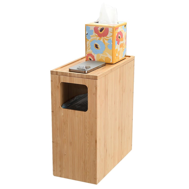 Mobilevision Bamboo Slim Trash Can with Lid, Waste Basket for Bathroom, Bedroom, Office, Vanity, Salon or Spa, Small Spaces, Bag Liners