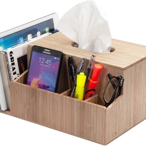 Support pour boîte à mouchoirs en bambou et support de tablette Mobilevision pour chambre à coucher et bureau ; compartiments