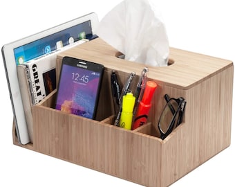 Mobilevision Bamboo Tissue Box Holder & Tablet Stand Organizer for Bedroom, Desktop; compartments