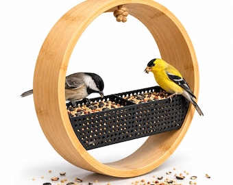Modern Bamboo Bird Feeder Hanging Circle, Dual Seed Tray Mesh Feeder, Eco Friendly Garden Decor, Gift for Bird Watcher & Nature Lover