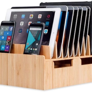 Mobilevision Bamboo 10-Port Charging Station & Docking Organizer for Smartphones, Tablets