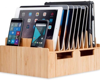 Mobilevision Bamboo 10-Port Charging Station & Docking Organizer for Smartphones, Tablets