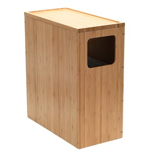 May include: A natural bamboo storage box with a lid and a rectangular opening on the front. The box is made of light brown bamboo and has a natural wood finish.
