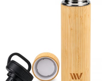 17 oz Bamboo Stainless Steel Water Bottle with Tea Infuser, Insulated Travel Tumbler with Sports Lid & Bamboo Cap