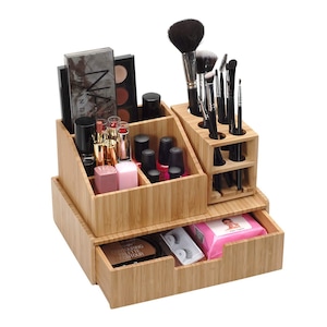 Mobilevision Bamboo Makeup Organizer Complete Combo, 3 PC set INCLUDES: 5 Section Brush Holder, 4 Compartment Cosmetic Caddy & Drawer