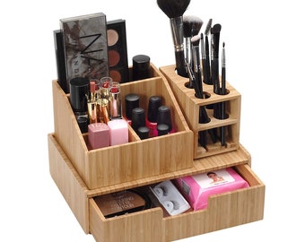 Mobilevision Bamboo Makeup Organizer Complete Combo, 3 PC set INCLUDES: 5 Section Brush Holder, 4 Compartment Cosmetic Caddy & Drawer