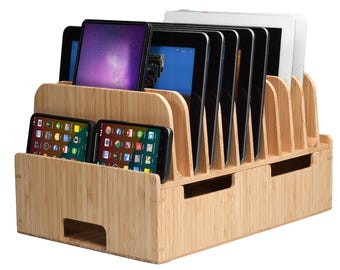 MobileVision Bamboo 12-Port Charging Station & Docking Organizer for Smartphones, Tablets, Family-Sized (Combos Included)