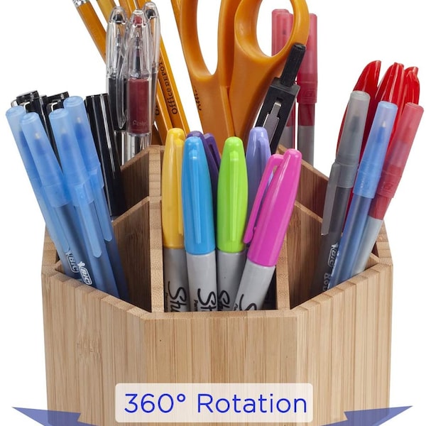 MobileVision Bamboo Rotating Office & Art Supply Organizer Multiple Compartments, 9 Sections for Pens, Pencils, Highlighters, Markers, ETC