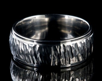 The Iron Forest - Custom Made Titanium Ring - 8mm, Half-Round Profile, Raised Center, Tree Bark Finish - Men&#39;s Comfort Fit Wedding Band