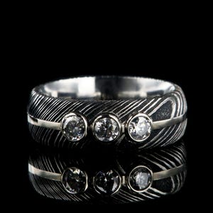 6mm Damascus Steel Women’s Wedding Ring, 14K Gold Inlay with Moissanite