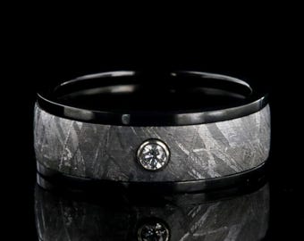 Gibeon Meteorite Men’s Wedding Band with 3mm Diamond - Comfort Fit Meteorite Ring