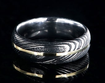 The Candlestick Ring, Yellow Gold Ring for Men, Damascus Steel Wedding Ring, Mens Wedding Band with Centered Yellow Gold Inlay