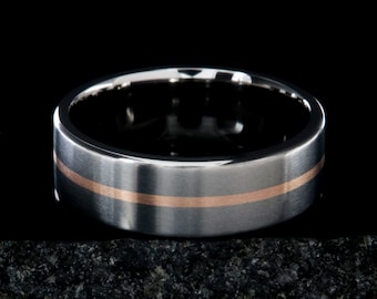 The Wild Rose - Custom Men&#39;s Titanium Ring with Rose Gold Inlay - 7mm Width, Brushed Finish, Comfort Fit - Handcrafted Unique Wedding Band