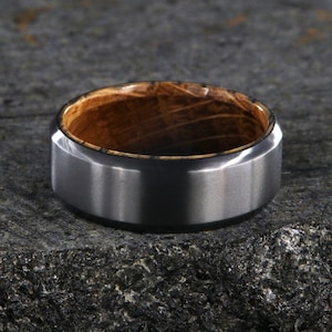 The Home Brew, Mens Black Zirconium Wedding Band and Whiskey Barrel Ring, Black Wedding Ring