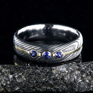 The Emperor, Black Damascus and Blue Sapphire Ring with Gold Inlay, Wedding Bands