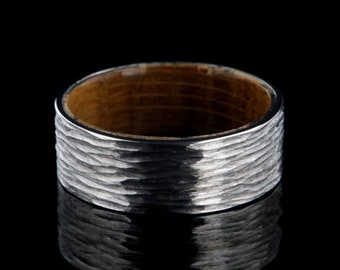 The Rustic Oak - Custom-Made Men's Cobalt Ring with Whiskey Barrel Sleeve and Tree Bark Finish - 8mm Flat Profile, Comfort Fit