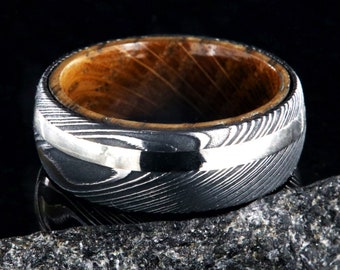 The On The Rocks, Whiskey Barrel Ring, Damascus Steel Wedding Ring for Men, Mens Wedding Band with wide White Gold Inlay