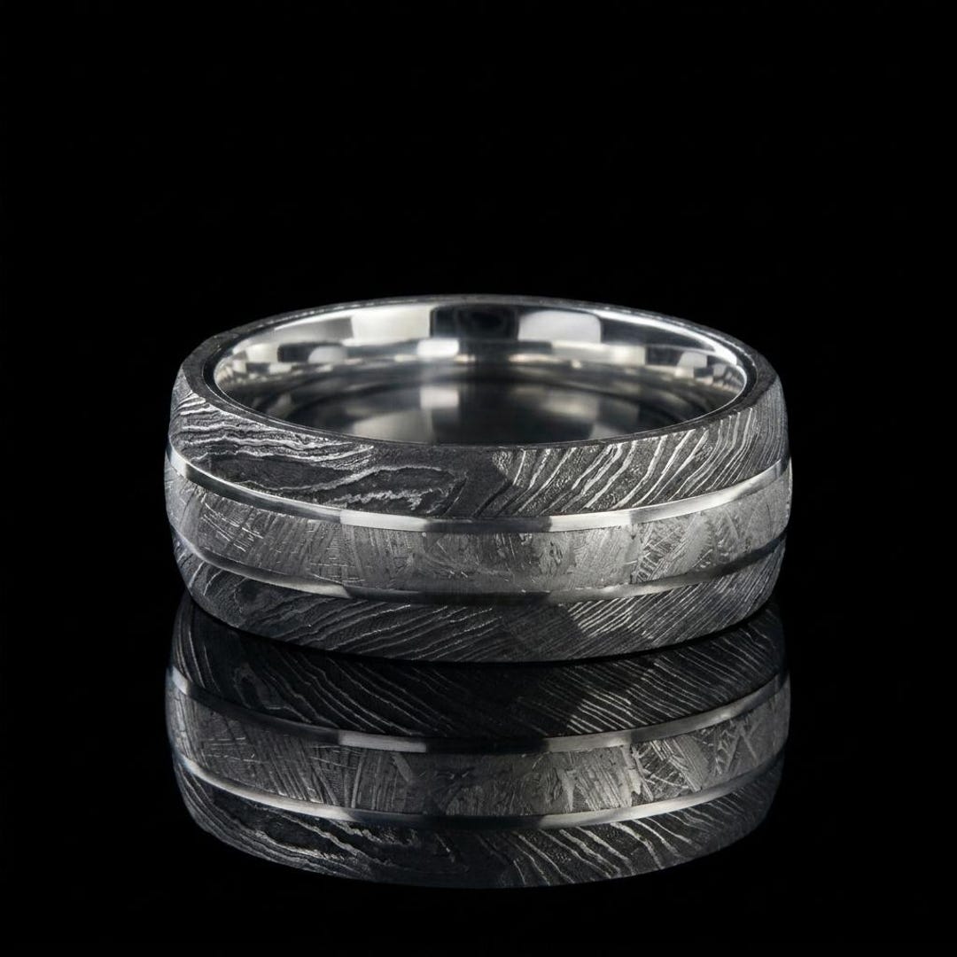 Meteorite Wedding Band, Hammered Damascus Steel Ring, Cobalt Chrome