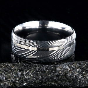 The Lode Ring, Mens Wedding Band, Damascus Steel Wedding Ring with White Gold Inlay, 8mm Wide Band Wedding Ring