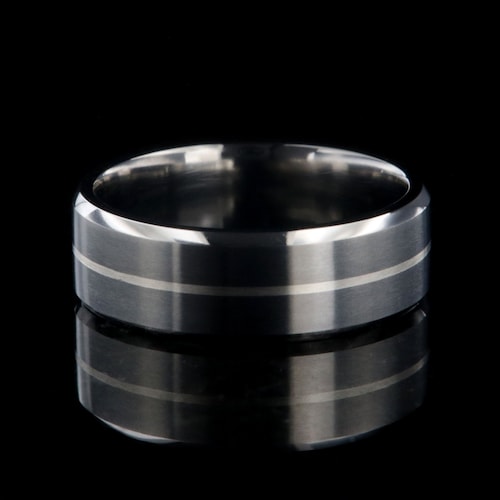 Titanium Men’s Wedding Band, Brushed Finish with Platinum Inlay, 8mm Comfort Fit Ring