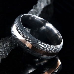The Gold Rush Ring, Rose Gold Ring for Men, Damascus Steel Wedding Ring, Mens Wedding Band with Centered Rose Gold Inlay