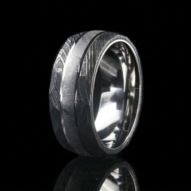 Meteorite Wedding Band, Hammered Damascus Steel Ring, Cobalt Chrome Mete
orite Wedding Band, Hammered Damascus Steel Ring, Cobalt Chrome