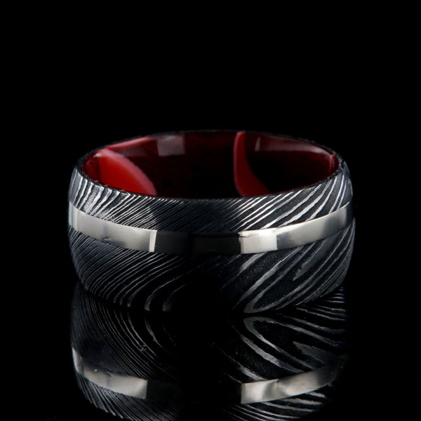 The Inferno - 10mm Handcrafted Damascus Steel Men's Ring with Platinum Inlay & Red Sport Sleeve - Black Wedding Band - Mens Wedding Rings