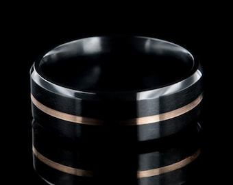 Black Zirconium Men’s Wedding Band, 14K Rose Gold Inlay, 8mm Ring