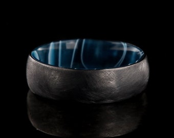 7mm Black Titanium Men’s Wedding Band, Distressed Finish Ring with Blue Sleeve