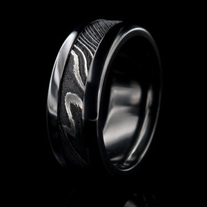 Black Zirconium Men’s Wedding Band, Damascus Steel Inlay, 8mm Handmade Comfort Fit Ring