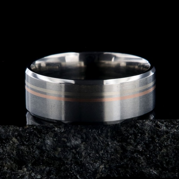 Titanium Fusion - Men's Custom 8mmWedding Band with Rose Gold & White Gold Inlays - Brushed Finish - Handcrafted Men's Titanium Ring