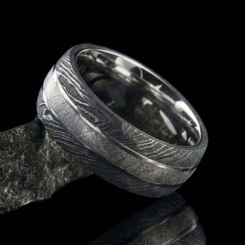 Meteorite Wedding Band, Hammered Damascus Steel Ring, Cobalt Chrome