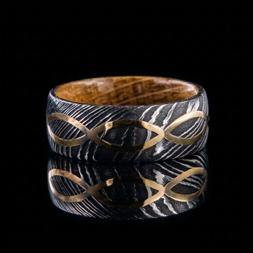 Black Damascus Ring 8mm Gold Infinity Band Whiskey Barrel Sleeve ...