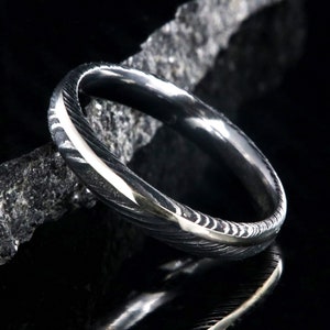 The Gold Ounce Ring, Thin Wedding Band, Damascus Steel Wedding Ring with White Gold Inlay