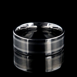 Cobalt Chrome Men’s Wedding Band, Silver Inlay with Brushed Center, 8mm Comfort Fit Ring