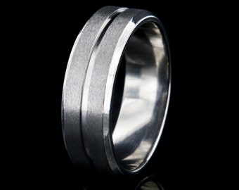 The Nightfall - Men&#39;s Cobalt Ring - 7mm Flat Tapered Band with Stone Finish, 1mm Groove, and Comfort Fit - Men&#39;s Wedding Band