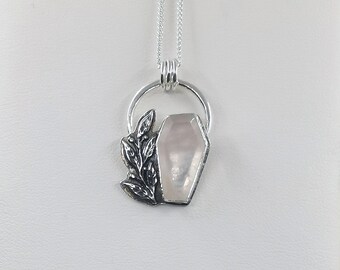 Leaf Accent Coffin Pendant, Rose Quartz Coffin Pendant, 925 Sterling Silver, handmade in Scotland