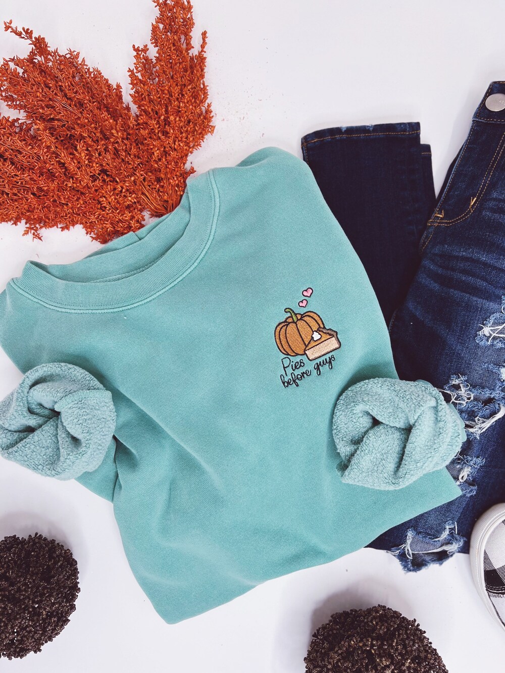 Trendy Fall Pies Before Guys Embroidered Crewneck Sweatshirt, Fall Crewneck Sweatshirt, Retro Fall Sweatshirt, Thanksgiving Fall Crewneck