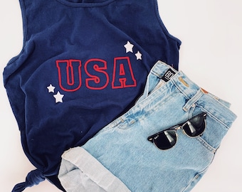 Vintage USA Embroidered Tank Top, July 4th Celebration