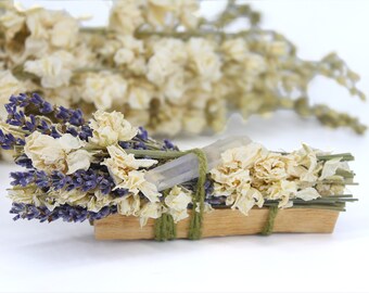 Scented Lavender and White Flowers Palo Santo Bundle with Clear Quartz Point - Purifying, Angelic and Protection
