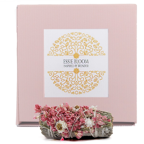 Pretty White Sage Smudge Stick with Blushing Pink and White Wild Flowers and Gift Box - Joy and Positivity