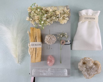 Angel Cleansing Kit with Healing Crystals, White Sage Floral Smudge Stick, Palo Santo and Angel Feathers.