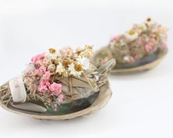 Positive Vibe Pretty White Sage Smudge Stick with Pink Gypsophila and Small White Daisies - Complete with a Large Abalone Shell
