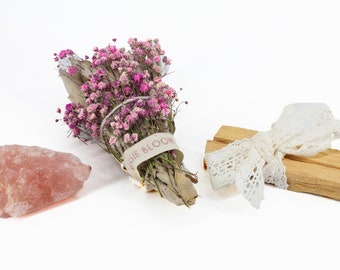 White Sage Smudge Bundle with Pretty Pink Flowers, Rose Quartz Crystal and Palo Santo - Love and Healing