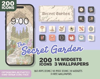 May include: A digital illustration of a phone screen with a cottagecore aesthetic. The screen shows a whimsical garden scene with a stone archway, a path, and flowers. The phone screen also displays the time 9:00. The text "The Secret Garden" is written in a whimsical font. The image also includes a collection of 200 hand-drawn icons, 14 widgets, and 3 wallpapers.