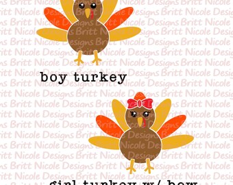Boy Turkey PNG, Girl Turkey with Bow PNG, 2 pack PNG instant download